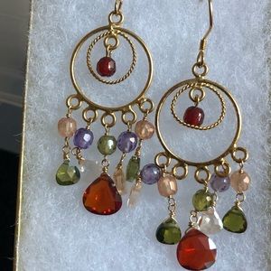 Gold Hoop Multi-Color Crystal Chandelier Earrings - Red, Green, Purple